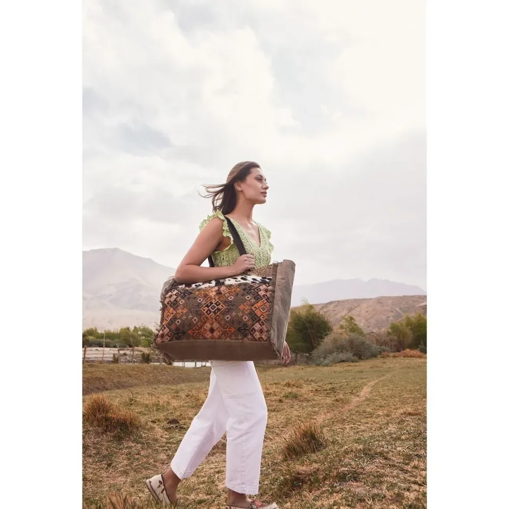 Myra Bag Handmade Parea Weekender Bag Upcycled Canvas & Cowhide Leather